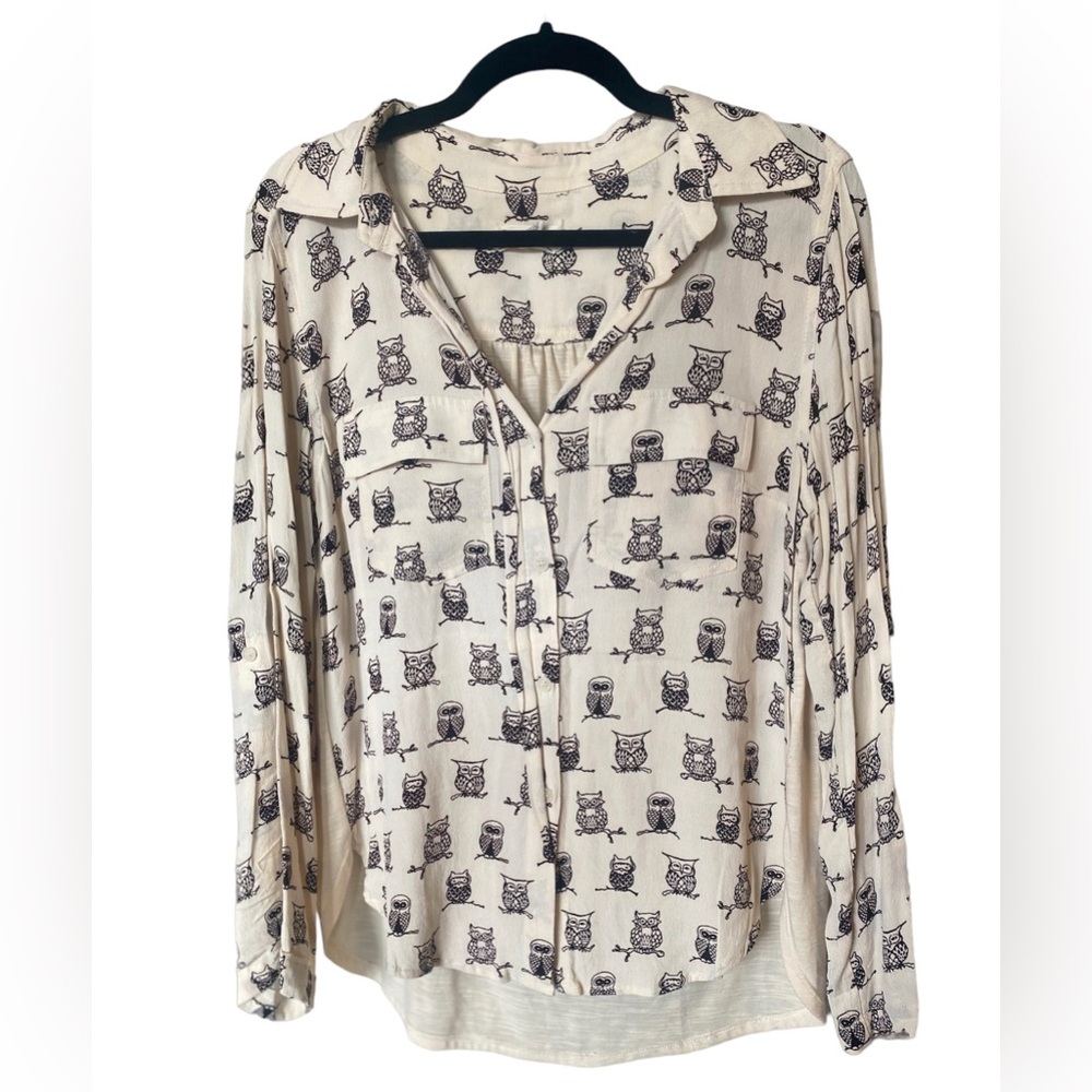 ANTHROPOLOGIE PORRIDGE OWL MOTIF BUTTON DOWN BLOUSE SHIRT WOMEN’S MEDIUM